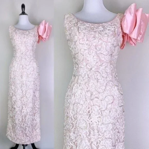 American Vintage | Dresses | Vintage 96s Pink White Lace Formal Gown Dress  With Big Bow Extra Small Xs | Poshmark